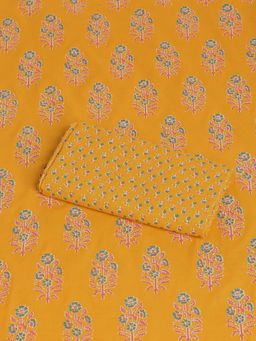 SALWAR STUDIO - Jaipuri Mustard Printed Cotton Unstitched Kurta with Pant