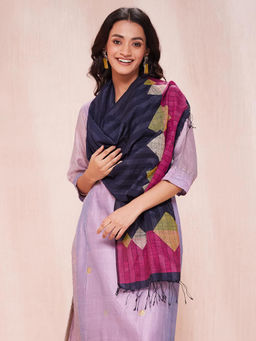 Fabindia - Navy Blue Cotton Silk Blend Jamdani Stole