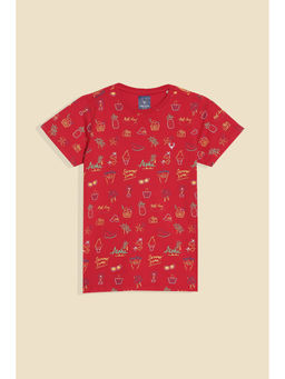 Allen Solly - Boys Red Regular Fit Print Crew Neck T-Shirt