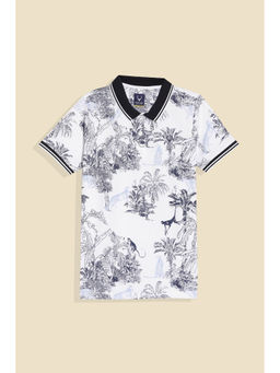 Allen Solly - Boys White and Black Print Polo Neck T-Shirt
