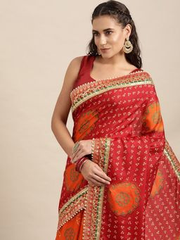 Vastranand - Red & Orange Sequinned Bandhani Saree with Unstitched Blouse