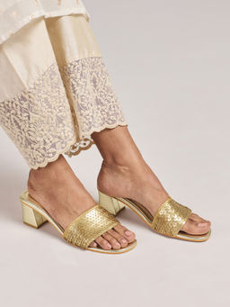 Azai by Nykaa Fashion - Gold Metallic Sequin Embellished Festive Block Heels