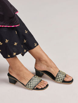 Azai by Nykaa Fashion - Black and Gold Sequin Diamante Lace Festive Block Heels