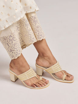 Azai by Nykaa Fashion - Off White and Gold Toe Post Kolhapuri Festive Block Heels