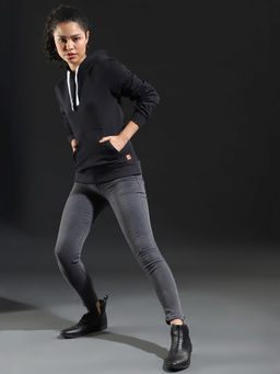 Campus Sutra - Black Women Solid Stylish Casual Hooded Sweatshirts