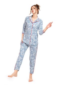 LOTIK - Womens Cotton Blue Printed Full Sleeve Nightsuit