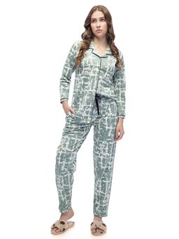 LOTIK - Womens Cotton Green Printed Full Sleeve Nightsuit