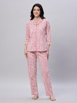 LOTIK - Womens Cotton Pink Printed Full Sleeve Nightsuit