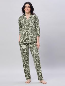 LOTIK - Womens Cotton Green Printed Full Sleeve Nightsuit