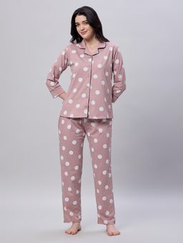 LOTIK - Womens Cotton Rose Pink Gola Print Full Sleeve Nightsuit