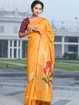Beatitude - Yellow Banarasi Silk Woven Saree with Unstitched Blouse