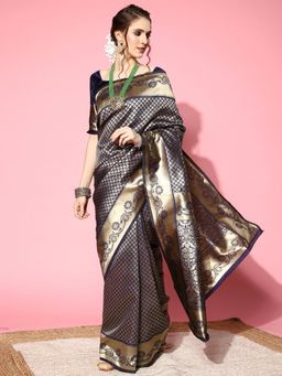 Akhilam - Womens Silk Blend Navy Blue Woven Design Designer Saree with Unstitched Blouse