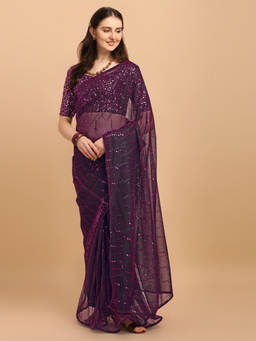 Amrutam Fab - Womens Embellished Net Pink Saree With Sequences Unstitched Blouse Piece