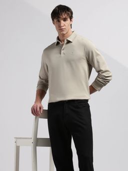 Calvin Klein - Mens Beige Solid Regular Fit Cotton Polo T-Shirt