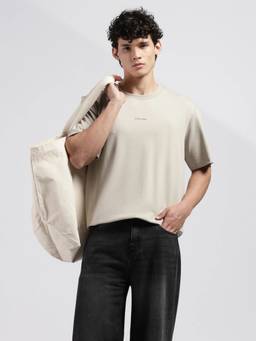 Calvin Klein - Mens' Beige Solid Relaxed Fit Cotton T-Shirt