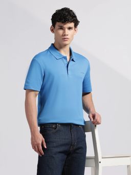 Calvin Klein - Mens' Blue Solid Regular Fit Cotton Polo T-Shirt