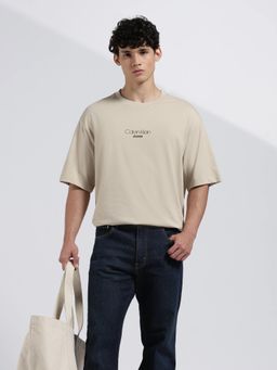 Calvin Klein - Men's Beige Logo Relaxed Fit Cotton T Shirt
