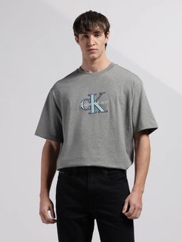 Calvin Klein - Men's Grey Embroidered Logo Relaxed Fit Cotton T Shirt
