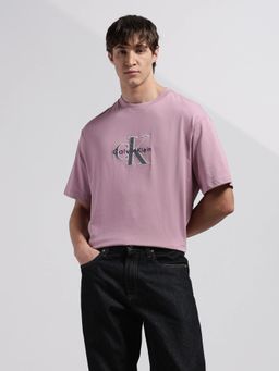 Calvin Klein - Men's Mauve Embroidered Logo Relaxed Fit Cotton T Shirt