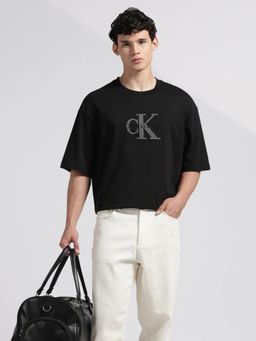 Calvin Klein - Men's Black Embroidered Logo Relaxed Fit Cotton T-Shirt