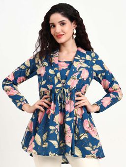 Divena - Navy Blue Floral Print Cotton Tunic