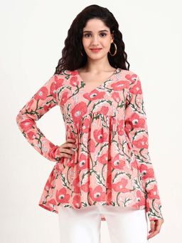 Divena - Pink Floral Print Peplum Cotton Tunic