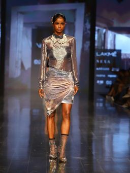 Nirmooha - Grey Lurex Fitted Turtle Neck Top with Bustier and Printed Draped Skirt (Set of 3)