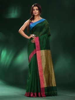 CHARUKRITI - Bottle Green Cotton Soft Dual Border Saree with Unstitched Blouse