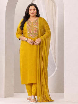 Extra love by Libas - Yellow Sequinned Embellished Straight Kurta with Pant & Dupatta