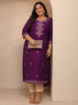 Extra love by Libas - Plus Size Burgundy Embroidered Silk Blend Straight Kurta