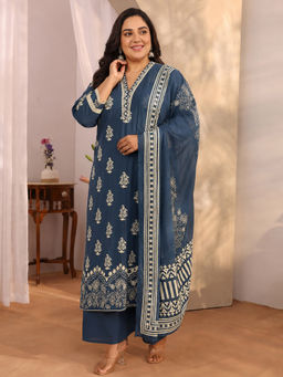 Extra love by Libas - Blue Floral Printed Kurta with Palazzo and Dupatta