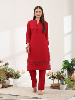 Nayam by lakshita - Red Embellished Schiffli Yoke Design Kurta with Palazzo (Set of 2)