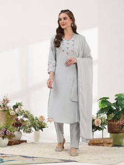 Nayam by lakshita - Solid Embroidered A-Line Cotton Linen Kurta and Pant (Set of 3)