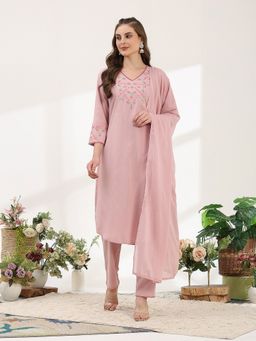 Nayam by lakshita - Solid Embroidered A-Line Cotton Linen Kurta with Dupatta (Set of 3)