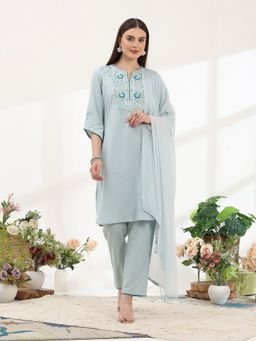 Nayam by lakshita - Women Blue Straight Floral Kurta with Salwar and Dupatta (Set of 3)