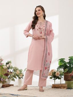 Nayam by lakshita - Pink Floral Embroidered Straight Kurta with Pant and Dupatta (Set of 3)