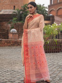 Beatitude - Beige Resham Cotton Jacquard Jamdani Saree Without Blouse