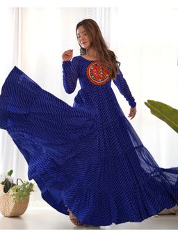 Wedani - Blue Women Leheriya Printed Embroidered Tiered Anarkali Kurta