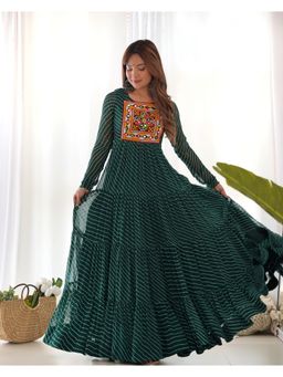 Wedani - Green Women Leheriya Printed Embroidered Tiered Anarkali Kurta
