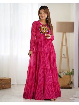 Wedani - Pink Women Leheriya Printed Embroidered Tiered Anarkali Kurta