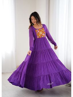 Wedani - Purple Women Leheriya Printed Embroidered Tiered Anarkali Kurta