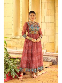 Wedani - Brown Women Bandhani Printed Embroidered Anarkali Kurta