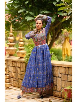 Wedani - Blue Women Bandhani Printed Embroidered Anarkali Kurta