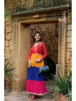 Wedani - Women Bandhani Printed Embroidered Mirror Work Anarkali Kurta