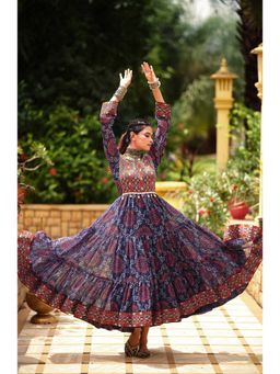 Wedani - Blue Women Bandhani Printed Embroidered Tiered Anarkali Kurta