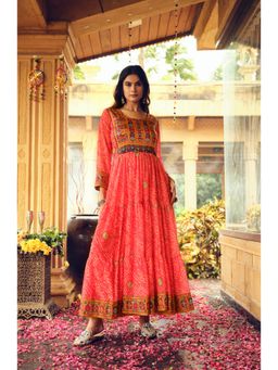 Wedani - Pink Women Bandhani Printed Embroidered Tiered Anarkali Kurta