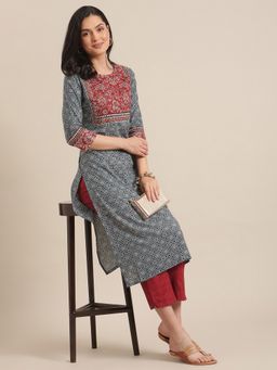 KSUT - Women Blue Printed Round Neck Three Fourth Sleeve Straight Kurta