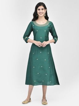 SPAN - Green A-Line Embroidered Kurta