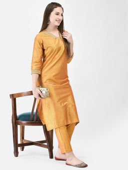 SPAN - Yellow Straight Woven Zari Work Kurta