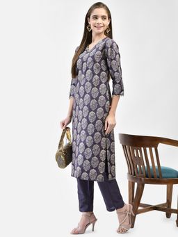 SPAN - Purple Straight Printed V-Neck Three Fourth Sleeves Kurta